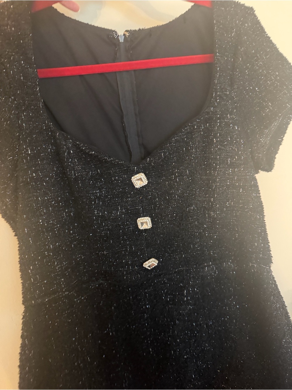 Black Sparkling Short Sleeve Dress with Crystal Buttons